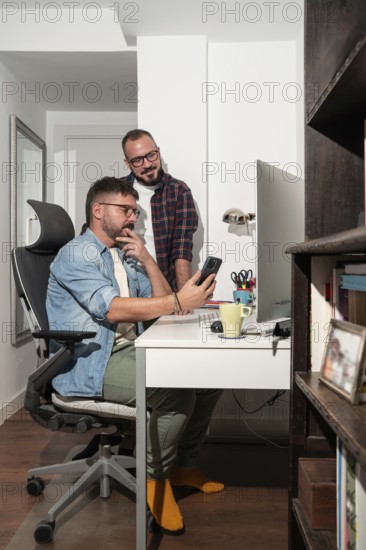 A gay couple collaborates at home, with one seated and the other standing, reviewing a smartphone.