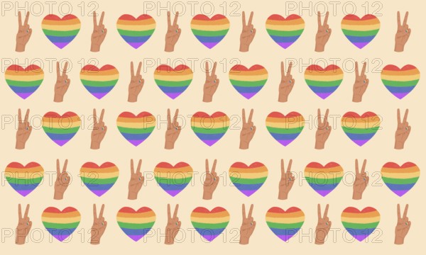 A seamless pattern featuring rainbow hearts and peace signs on a soft beige background, symbolizing