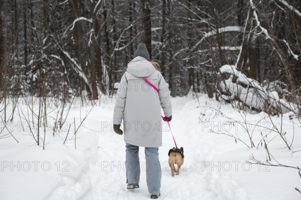 A person, bundled in winter attire, walks their dog on a snowy forest path. The serene landscape