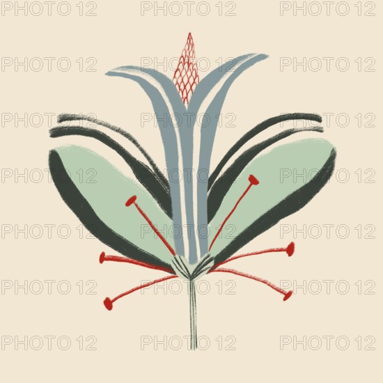 Unique artistic illustration showcasing an abstract flower with vibrant greens and reds, set