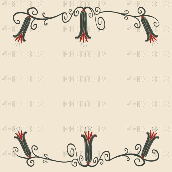 This artistic floral illustration features elegant black vines with intricate red and white flower