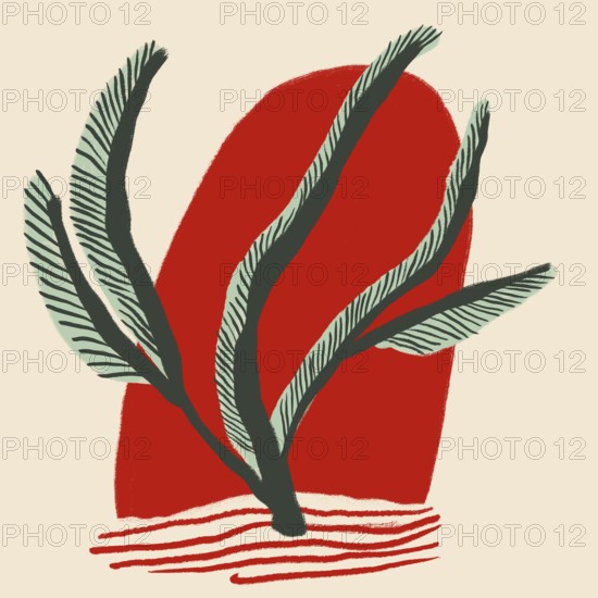 Artistic illustration featuring stylized green plants against a contrasting red background,