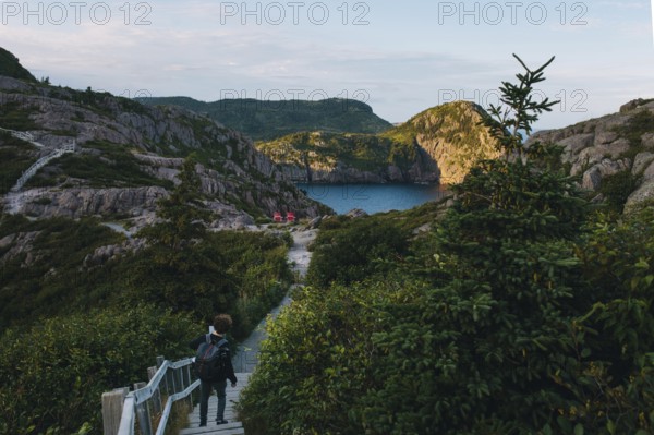 Back view of an unrecognizable hiker walking a wooden pathway towards a picturesque bay surrounded