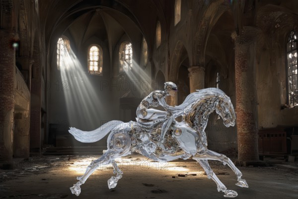 Female humanoid galloping a cyborg horse through a abandoned church, AI generated