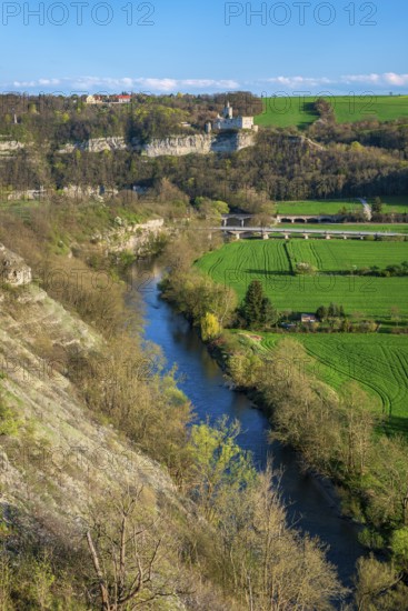View of the river Saale, the village of Saaleck and the ruins of Rudelsburg and Saaleck castles,