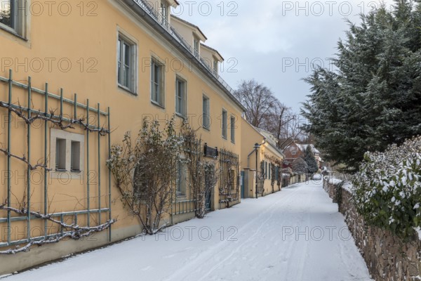 Historic wine houses with trellises on the snowy vineyard road in Oberlössnitz, Radebeul, Saxony,