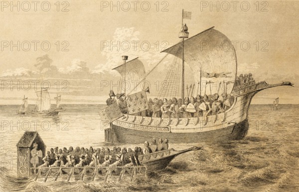 15th century ships, carrack, sailboat, two-master, full sails, large and small mast, crow's nest or