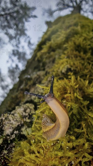 A snail (cochlea) on a moss-covered tree trunk, natural forest atmosphere, hiking along the former