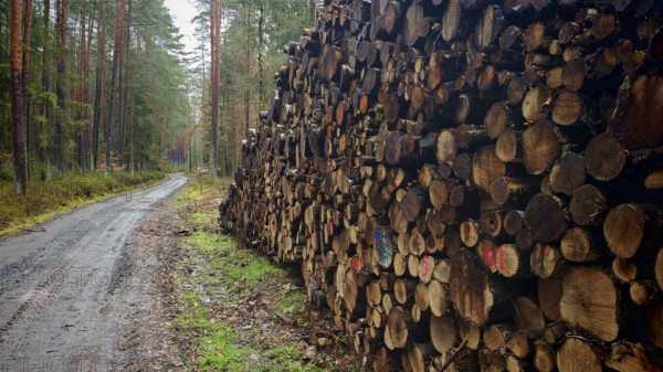 Large pile of cut tree trunks along a muddy forest path in the pine forest (pinus), hiking along