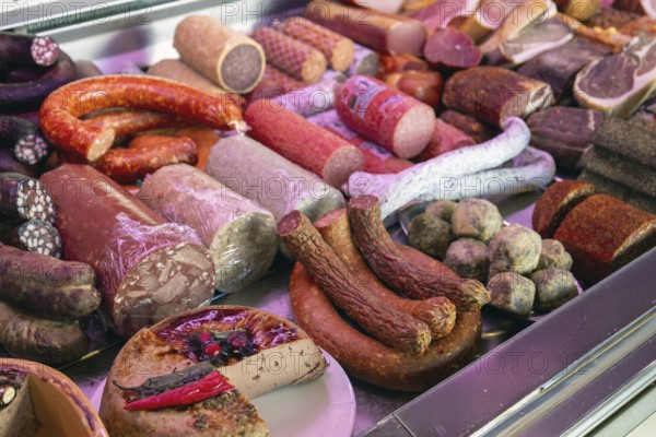 Sausage counter in a butcher shop