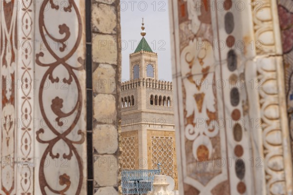 Tunis, Tunisia. 15th May 2024 Scenic view of the minaret of Al-Zaytuna Mosque in the Medina, the