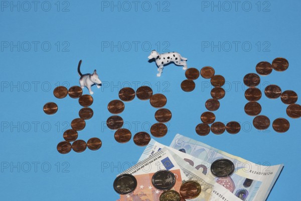 Bull terrier and Dalmatian miniature figure standing on a blue background with euro coins and
