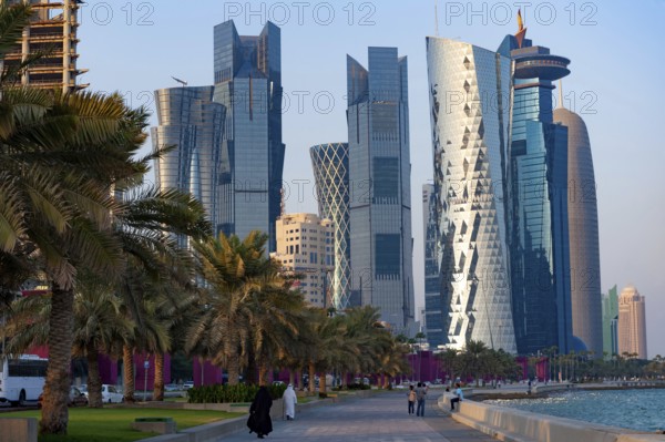 Doha, Qatar. September 20th 2019 Modern glass fronted skyscrapers and office towers line the