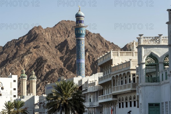 Muscat, Oman. 19th September 2019 The blue mosaic patterned minaret of the Al Lawati Mosque and