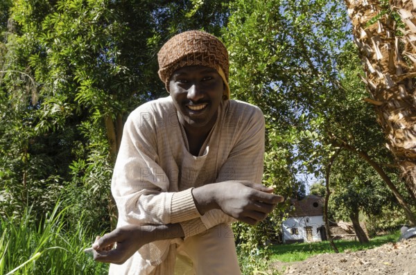 Aswan, Egypt. 10th January 2013 Smiling portrait of a Nubian farmer, Elephantine Island, the River