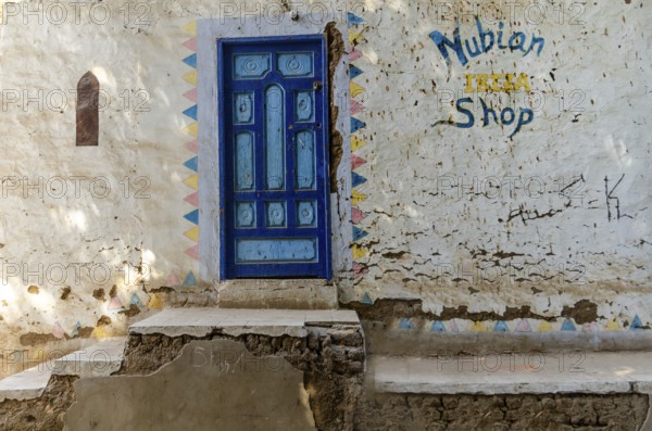 Aswan, Egypt. 8th January 2013 A bright blue painted door to local Nubian Shop, Elephantine Island