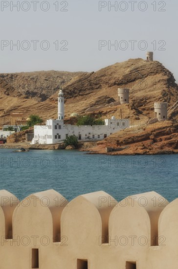 Sur, Oman. 27th May 2014 Seaside Mosque in the fortified port city of Sur on the coast of the Gulf