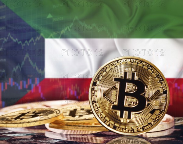 Bitcoin with Kuwait flag in the background. Investors in cryptocurrency and Blockchain Technology