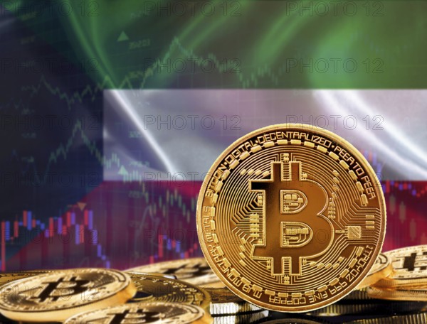 Investors in cryptocurrency and Blockchain Technology in Kuwait, Concept. Bitcoin with Kuwait flag