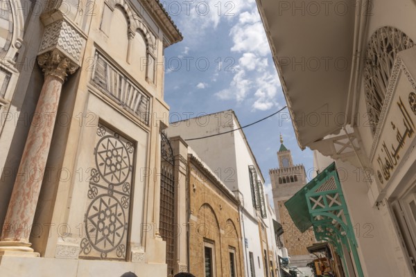Scenic view of the minaret of Al-Zaytuna Mosque in the Medina, the oldest mosque in the Tunisian