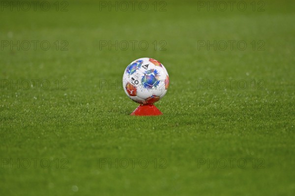 Adidas derby star game ball on hat, marker cap, on grass, soccer Bundesliga, Voith-Arena,