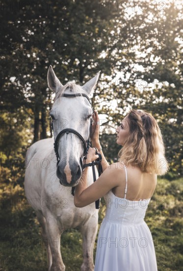 A young woman in a white dress gently caresses a white horse in a sunlit forest. The warm sunlight
