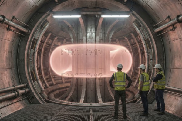 Visualisation of plasma inside a fusion reactor (tokamak) with male employees in the foreground, AI