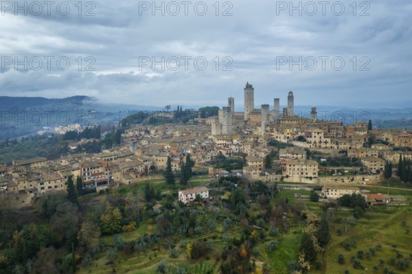 A captivating aerial view of San Gimignano, the historic hilltop town in Tuscany, Italy, famed for
