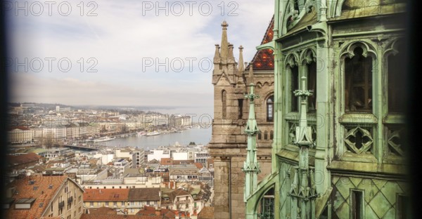An atmospheric perspective from Geneva Cathedral's spire, showcasing a panoramic view of the city