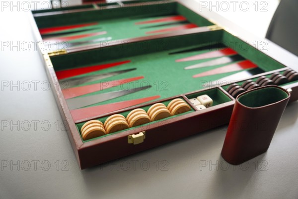 A detailed shot of a backgammon board, highlighting the checker pieces and dice inside a classic