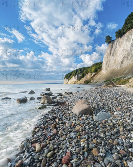 Chalk cliffs and rocky beach with boulders on the Baltic Sea under blue sky with cumulus clouds,