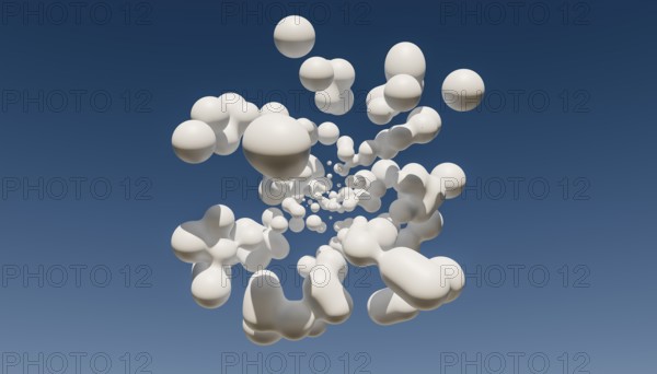 This 3D render depicts multiple abstract white shapes floating against a vivid blue sky. The shapes