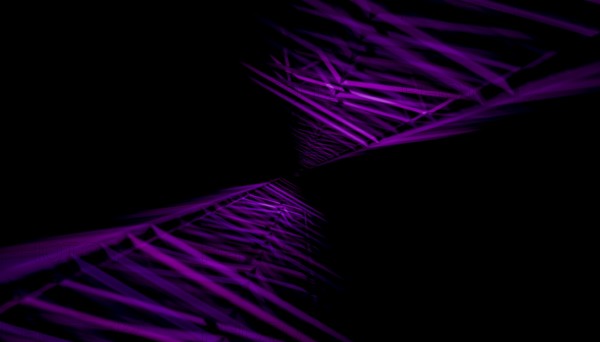 This digital artwork features a 3D rendered illustration of an abstract, geometric tunnel in shades