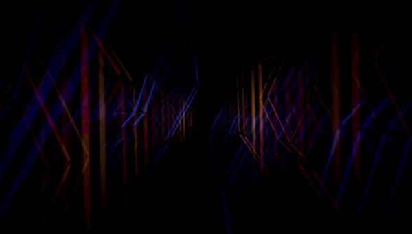 This 3D render captures a mesmerizing abstract tunnel formed by sharp intersecting lines of vibrant