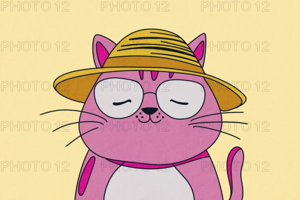 Delightful illustration of a pink cat wearing a straw hat and glasses The whimsical design features