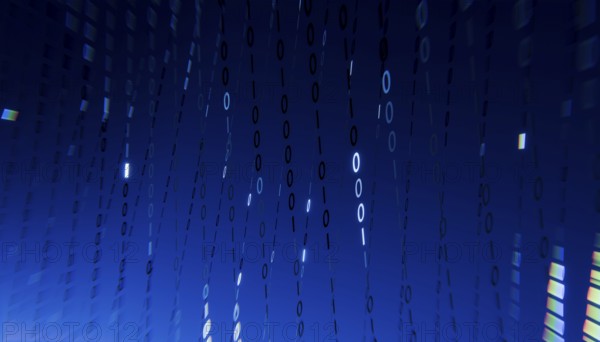 A 3D rendered illustration of binary code floating across a gradient blue background. The numbers