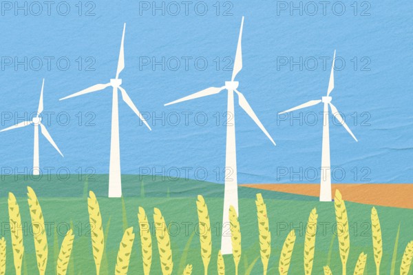 A vibrant energy farm featuring multiple wind turbines surrounded by golden crops under a clear