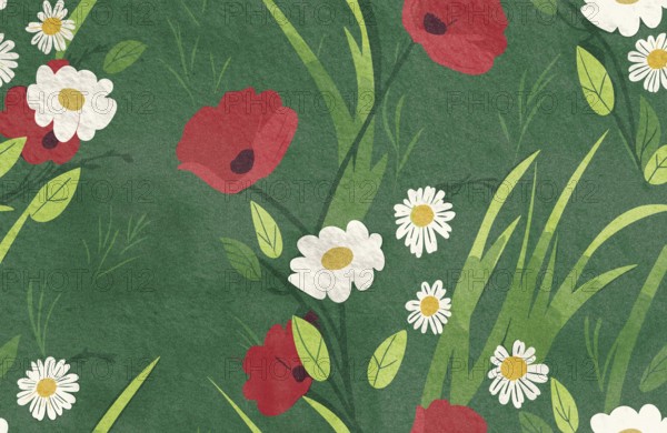 Colorful flowers bloom in spring, featuring red poppies and white daisies surrounded by fresh green