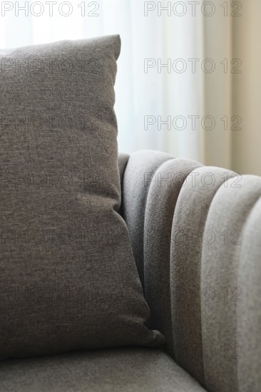 Close-up of a plush pillow on a stylish sofa, embodying modern luxury and elegance. The soft fabric