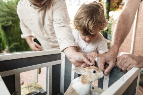 A loving gay couple with their young son enjoys quality time outdoors, interacting with a pet
