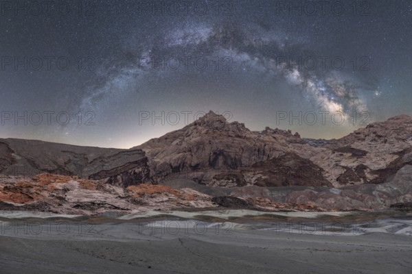 A breathtaking panoramic view of the Milky Way arching over the rugged landscapes of the Utah
