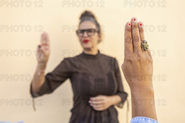 A focused image of a hand making a sign language gesture, with a background figure demonstrating