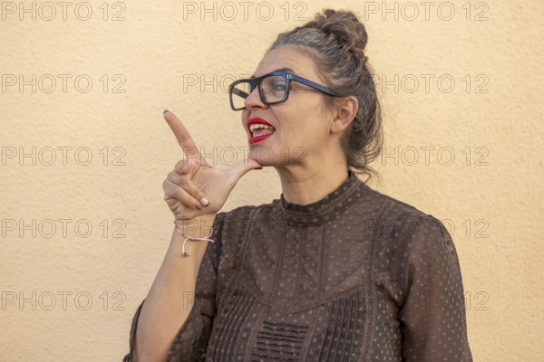 A woman with glasses and a stylish blouse demonstrates sign language with expressive gestures and a