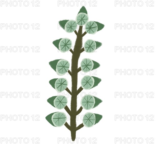 A minimalist illustration featuring green flowers with distinct leaves and stems This artistic
