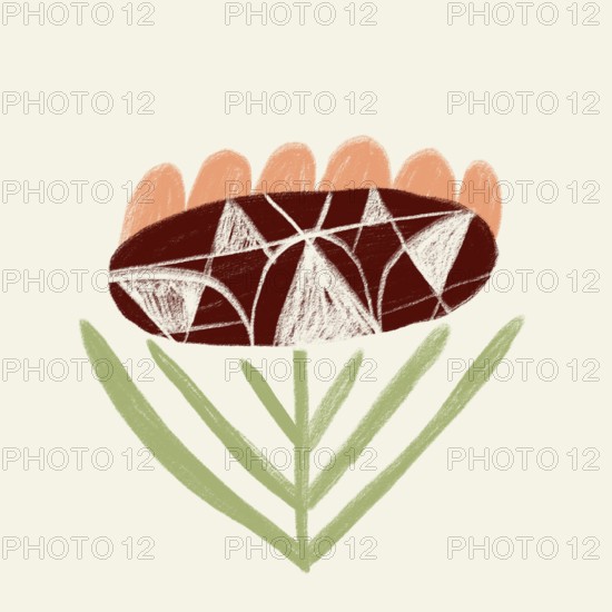 Minimalist illustration of a stylized spring flower featuring red petals with white geometric
