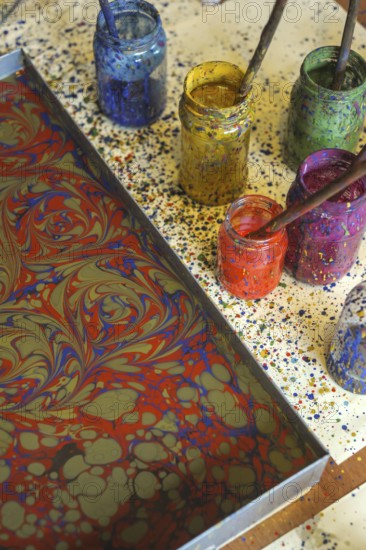 Istanbul, Turkey. May 21st 2017. Workshop demonstrating traditional Turkish Ebru Art, Istanbul,