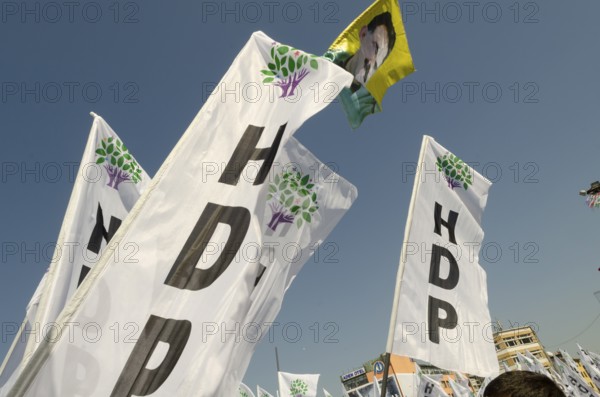 Istanbul, Turkey. April 12th 2015 HDP political banners flying at the launch of 2015 Turkish