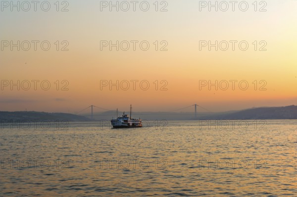 Istanbul, Turkey. Beautiful misty sunrise over the Bosporus, with the European and Asian shores as
