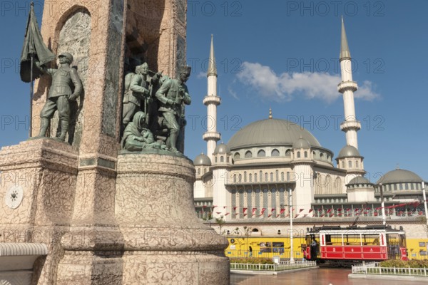 Istanbul, Turkey. July 18th 2023 Taksim Square, Mosque, Republic Monument, and Nostalgic Istiklal