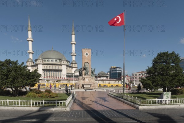 Istanbul, Turkey. July 18th 2023 Turkish Republic Monument or Ataturk Statue and the recently built
